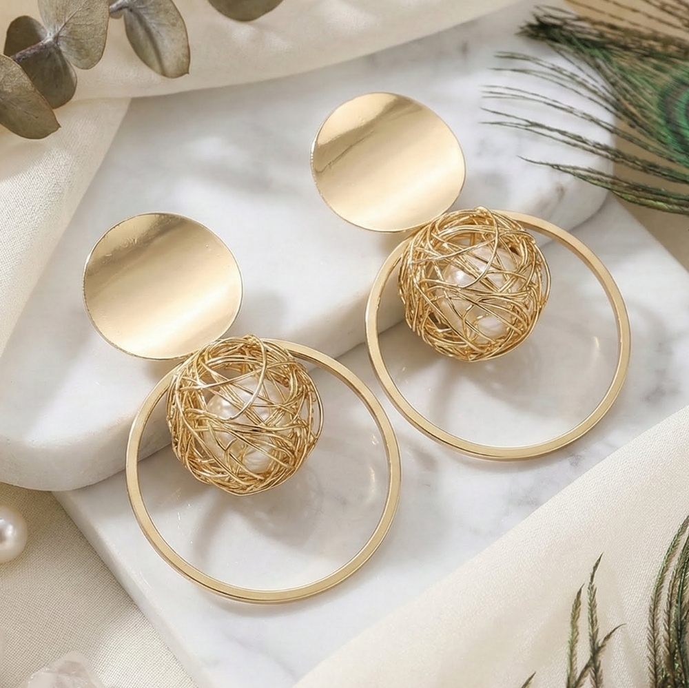 Gold Plated Wire Mesh Faux Pearl Sphere Statement Drop Earrings Geometric Chic - Picture 15 of 15